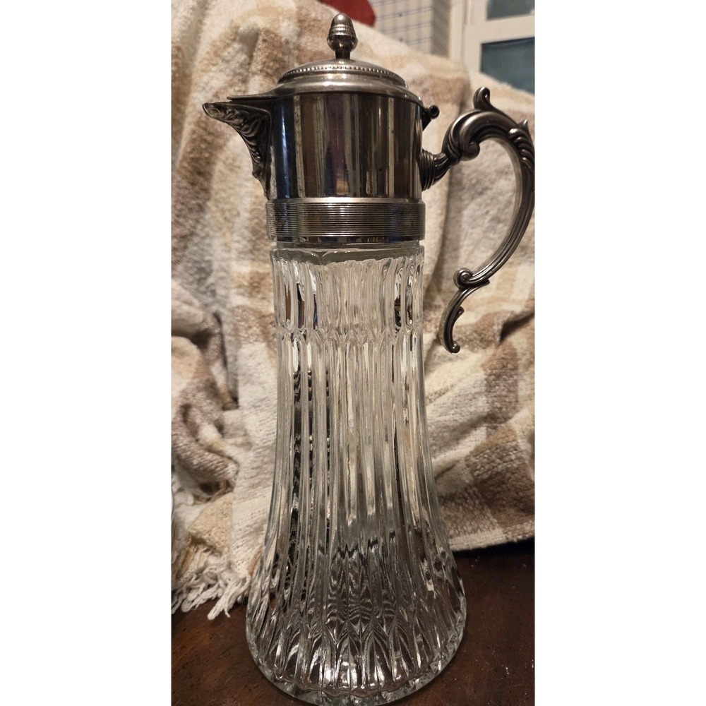 Vintage‎ Italian Pitcher  Claret Jug Decanter Thick Fluted Glass Silver Plate